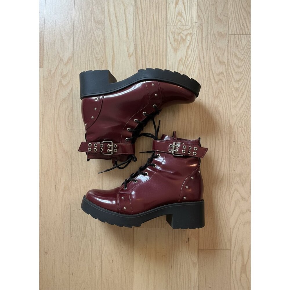 Maroon Combat Boots‎ – Lace-Up with Stud Detail
